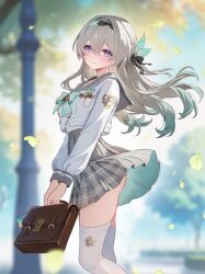 Rule 34 | 1girl, absurdres, bag, black bow, black hairband, blue eyes, blue pupils, blurry, blurry background, bow, bowtie, breasts, brown bag, closed mouth, commentary, day, feet out of frame, firefly (honkai: star rail), firefly (spring missive) (honkai: star rail), from side, gradient hair, green bow, green bowtie, green hair, grey hair, grey sailor collar, grey skirt, hair bow, hairband, highres, holding, holding bag, honkai: star rail, honkai (series), light blush, long hair, long sleeves, looking at viewer, medium breasts, multicolored eyes, multicolored hair, official alternate costume, purple eyes, rrr gns (riuriu 1212), sailor collar, school uniform, serafuku, shirt, skirt, smile, solo, thighhighs, thighs, two-tone eyes, white shirt, white thighhighs, wind