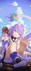 1girl bailu_(honkai:_star_rail) barefoot blue_eyes dragon_girl dragon_horns dragon_tail feet foot_focus gourd highres holding holding_gourd honkai:_star_rail honkai_(series) horns icecake long_hair looking_at_viewer open_mouth pouring pouring_onto_self sky soles solo tail teeth toes upper_teeth_only