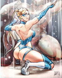 1boy 1girl absurdres arm_up ass ass_cutout backless_outfit beard biceps blonde_hair blue_choker blue_eyes blue_gloves blue_leotard blue_mask boots breasts bulge capcom chest_hair choker clenched_hand clothing_cutout domino_mask elbow_gloves facial_hair fingerless_gloves gloves grin gym_shorts head_out_of_frame height_difference highres hip_vent juaag_acgy knee_boots kneeling large_breasts leotard lips long_hair looking_at_viewer mask muscular muscular_female muscular_male nose on_one_knee rainbow_mika red_shorts scar scar_on_leg shorts signature smile solo_focus strapless strapless_leotard street_fighter street_fighter_v street_fighter_zero_(series) sweat thong_leotard twintails white_footwear wrestling_mask wrestling_outfit