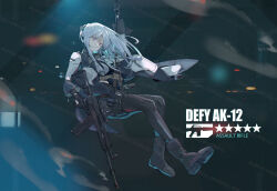 1girl 1p87 ak-12 ak-12_(girls&#039;_frontline) artist_name assault_rifle black_boots black_gloves black_leggings boots dark_background defy_(girls&#039;_frontline) elbow_gloves girls&#039;_frontline gloves gun hair_ornament hair_ribbon highres holding holding_rope jacket kalashnikov_rifle leggings long_hair long_sidelocks long_sleeves looking_at_viewer mai_(xskdizzy) midriff purple_eyes ribbon rifle rope sidelocks simple_background smoke star_(symbol) tactical_clothes teeth trigger_discipline watermark weapon white_hair white_jacket