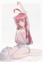 Rule 34 | 1girl, ahoge, alternate costume, arm up, barefoot, bed, braid, camisole, closed eyes, commentary, grey background, hair ornament, highres, holding another&#039;s arm, long hair, midriff peek, navel, nono (top wo nerae 2!), on bed, red hair, riki6, short sleeves, shorts, simple background, single braid, sitting, solo, stretching, top wo nerae! (series), top wo nerae 2!, very long hair, waking up, wariza, white shorts