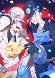 2boys absurdres adjusting_clothes adjusting_headwear arm_up ascot black_coat black_hat black_shirt blue_ascot brothers ccf2q coat collared_coat collared_shirt confetti cowboy_shot emmet_(pokemon) emmet_(sygna_suit)_(pokemon) frilled_sleeves frills grey_eyes grey_hair hat highres holding holding_lantern ingo_(pokemon) ingo_(sygna_suit)_(pokemon) lantern lapels long_sleeves looking_to_the_side male_focus multiple_boys nintendo notched_lapels official_alternate_costume open_mouth parted_lips pokemon pokemon_masters_ex sanpaku shirt siblings sideburns sideways_glance teeth twins upper_teeth_only white_ascot white_coat white_hat white_shirt wing_collar wings yellow_ascot