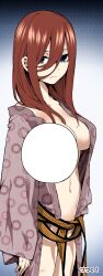 1girl absurdres bare_shoulders blue_eyes breasts brown_hair brown_obi brown_sash bruise bruise_on_leg closed_mouth collarbone colorized dot_nose female_focus go-toubun_no_hanayome hair_between_eyes hair_over_one_eye haruba_negi highres injury japanese_clothes japanese_text kimono large_breasts legs long_hair long_image long_sleeves looking_at_viewer manga_page midriff nakano_miku navel obi official_art ryokan sash solo solo_focus stitched stomach textless_version thighs third-party_edit yukata