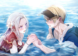 1boy 1girl bare_shoulders blonde_hair blue_capelet blue_eyes blush bracelet breasts capelet cleavage couple dated_commentary dimitri_alexandre_blaiddyd dimitri_alexandre_blaiddyd_(summer) edelgard_von_hresvelg edelgard_von_hresvelg_(summer) fire_emblem fire_emblem:_three_houses fire_emblem_heroes flower flying_sweatdrops frills from_side hair_between_eyes hair_flower hair_ornament hair_ribbon hands_up hat highres holding_hands in_water jewelry light_rays long_hair looking_at_another looking_to_the_side medium_breasts muscular muscular_male necklace nervous nervous_sweating nintendo official_alternate_costume one-piece_swimsuit open_mouth outdoors parted_bangs purple_eyes purple_ribbon red_one-piece_swimsuit ribbon short_hair soma_otakuu sunbeam sunlight sweat swimsuit water wet white_flower white_hair