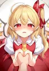 1girl blonde_hair crystal_wings flandre_day flandre_scarlet highres long_hair looking_at_viewer necktie paragasu_(parags112) pointy_ears red_eyes red_shirt red_skirt shirt side_ponytail simple_background skirt solo_focus tears touhou upper_body white_background yellow_necktie