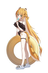 1girl absurdres animal_ear_fluff animal_ears ass bikini black_bikini blonde_hair blush collarbone crocs ddiddo eating food frilled_bikini frills from_side full_body highres holding holding_food holding_popsicle holding_swim_ring innertube ju_fufu looking_at_viewer off-shoulder_bikini off_shoulder popsicle simple_background solo swim_ring swimsuit tail thigh_strap tiger_ears tiger_tail wet white_background zenless_zone_zero