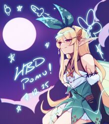 bare_shoulders black_gloves blonde_hair character_name commentary dated dress elbow_gloves fairy_wings full_moon gloves green_dress green_hairband hair_between_eyes hair_ornament hairband hairclip highres light_smile long_hair long_pointy_ears moon nijisanji nijisanji_en pointy_ears pomu_rainpuff pomu_rainpuff_(1st_costume) red_eyes ricegnat sitting star_(symbol) virtual_youtuber wings