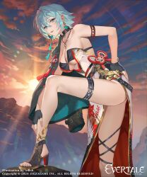 1girl absurdres aqua_hair artist_name bare_shoulders blue_eyes breasts collarbone commentary_request copyright_name dress evertale fingerless_gloves gloves hand_on_own_hip highres jacket jewelry logo looking_at_viewer medium_breasts necklace outdoors short_hair solo sunrise teffish thigh_strap thighs