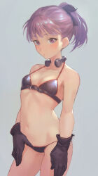 1girl armor bare_shoulders bikini bikini_armor black_bikini black_bow black_gloves blush bow breasts collarbone fate/grand_order fate_(series) gloves hair_bow helena_blavatsky_(fate) helena_blavatsky_(swimsuit_archer)_(third_ascension)_(fate) looking_at_viewer miyamoto_satoru navel ponytail purple_eyes purple_hair short_hair short_ponytail small_breasts solo swimsuit thighs