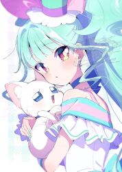 1girl animal aqua_background aqua_hair aqua_hat aqua_nails back_bow blue_bow blue_choker blue_sleeves blunt_bangs border bow bow_choker cat choker cure_lillian dot_nose dress earrings eyelashes frilled_arm_warmers frilled_dress frilled_headwear frilled_sleeves frills gradient_background grey_background hat hat_bow high_side_ponytail highres holding holding_animal holding_cat jewelry large_bow light_blush long_hair looking_at_viewer magical_girl mini_hat mini_top_hat nail_polish nekoyashiki_mayu nekoyashiki_yuki nekoyashiki_yuki_(cat) off-shoulder_dress off_shoulder outside_border parted_lips pink_bow plaid_background precure red_eyes ringlets serizawa_serizane sidelocks single_stripe smile sphere_earrings strap striped_sleeves top_hat twitter_username upper_body very_long_hair watermark white_arm_warmers white_border white_dress wonderful_precure! yellow_pupils