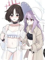 2girls atsuko_(blue_archive) atsuko_(swimsuit)_(blue_archive) bikini black_bikini blue_archive commentary cosplay costume_switch cross_halo eiraku_tee frilled_bikini frills halo hat highres misaki_(blue_archive) misaki_(swimsuit)_(blue_archive) multiple_girls official_alternate_costume see-through_clothes see-through_shirt shirt swimsuit white_bikini white_halo white_hat