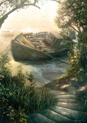 absurdres artist_name bird boat building day grass highres house nao1524 no_humans oar original outdoors plant river scenery signature sky stairs sunlight sunset tree water watercraft