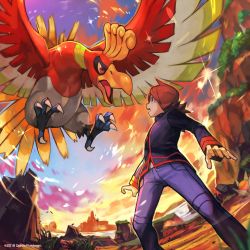 1boy animal_focus bird black_jacket blue_pants claws cloud creature flying gen_2_pokemon highres ho-oh hungry_clicker jacket legendary_pokemon long_hair long_sleeves nintendo official_art open_mouth outdoors pants pokemon pokemon_(creature) pokemon_hgss pokemon_masters_ex profile red_eyes red_hair silver_(pokemon) sky standing swept_bangs
