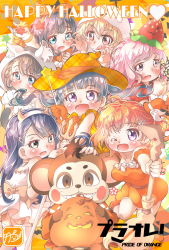 Rule 34 | 6+girls, animal ears, beige bow, black eyes, black hair, blonde hair, blue eyes, blush, blush stickers, bow, breasts, broom, brown eyes, dress, fake animal ears, fake horns, fake tail, food, fruit, gloves, grin, hair bow, hair ornament, halloween, halloween costume, happy halloween, hat, heart, highres, holding, holding broom, holding leaf, holding pitchfork, holding wand, horns, jack-o&#039;-lantern, kiyose yuu, leaf, mini hat, mizusawa ayaka, mizusawa manaka, monkey, multiple girls, one eye closed, ono mami, open mouth, orange dress, orange gloves, own hands clasped, own hands together, pink eyes, pink hair, pitchfork, plaid clothes, plaid headwear, puraore! pride of orange, purple eyes, red eyes, saginuma riko, smile, snowflake hair ornament, strawberry, tail, takagi naomi, takecho, thighhighs, tongue, tongue out, wand, white thighhighs, witch hat, yanagida kaoruko