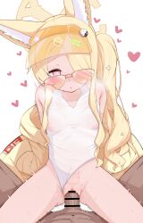 Rule 34 | 1boy, 1girl, above-cleavage cutout, absurdres, animal ear fluff, animal ears, bar censor, blue archive, blush, breasts, censored, clothed sex, clothing aside, clothing cutout, commentary request, covered erect nipples, cowboy shot, cross halo, diamond cutout, fox ears, fox girl, hair over one eye, halo, heart, heart-shaped pupils, hetero, highleg, highleg one-piece swimsuit, highres, jacket, looking at viewer, nipples, official alternate hairstyle, one-piece swimsuit, one eye covered, orange-tinted eyewear, parted lips, penis, pov, pov crotch, pussy, see-through clothes, see-through one-piece swimsuit, seia (blue archive), seia (swimsuit) (blue archive), sex, side ponytail, simple background, small breasts, solo focus, sugarplus, sunglasses, swimsuit, swimsuit aside, symbol-shaped pupils, tinted eyewear, vaginal, visor cap, wet, wet clothes, white background, white one-piece swimsuit, yellow halo, yellow jacket, yellow visor