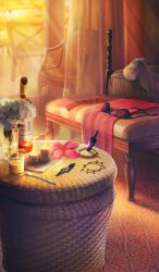 bed bikini bottle candle chair commentary cup drinking_glass fate/grand_order fate_(series) fire flower flower_request hibiscus indoors knife lasengle light_rays no_humans official_art orange_theme pillow pink_flower pink_sarong purple_bikini sarong sunbeam sunlight swimsuit third-party_source throwing_knife unworn_bikini_top unworn_bracelet unworn_sarong weapon white_flower