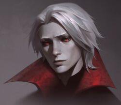 1boy black_shirt cape closed_mouth commentary cropped_shoulders curtained_hair dongchenbuqian english_commentary grey_hair highres league_of_legends male_focus mystical_high_collar realistic red_cape red_eyes shirt short_hair solo vampire vladimir_(league_of_legends)