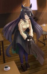 Rule 34 | 1girl, animal, animal ears, black cat, black ribbon, black shoes, black skirt, blue pantyhose, breasts, cat, coffee, cup, ear tag, earrings, hair between eyes, highres, holding, holding animal, horse ears, horse girl, horse tail, indoors, jewelry, light rays, long hair, long hair between eyes, long sleeves, looking at viewer, manhattan cafe (umamusume), neck ribbon, pantyhose, parted lips, plaid clothes, plaid shoes, plaid skirt, ribbon, shirt tucked in, shoes, single earring, skirt, small breasts, solo, table, tail, tiberius421116, umamusume, very long hair, window, wooden chair, wooden floor, wooden table, yellow eyes