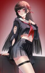 1girl arm_cutout black_choker black_hair black_shirt black_skirt blush breasts chisa_(wuthering_waves) choker commentary cowboy_shot crop_top hair_ribbon highres long_hair long_sleeves looking_at_viewer medium_breasts midriff mole mole_under_eye neckerchief parted_lips red_eyes red_neckerchief red_ribbon ribbon sailor_collar shirt skirt smile solo sylphynia tacet_mark_(wuthering_waves) thigh_strap very_long_hair white_sailor_collar wuthering_waves