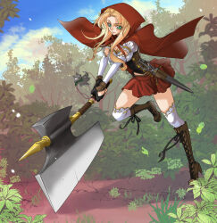 attack axe berzess black_gloves boots breasts brown_shoes bush cleavage cloud cloudy_sky commentary_request dirt elbow_sleeve fingerless_gloves forest full_body girdle gloves green_eyes holding holding_axe lace-up_boots leaf little_red_riding_hood_(fairy_tale) little_red_riding_hood_(fairy_tale_character) looking_at_viewer medium_breasts midriff_peek nature original outdoors puffy_short_sleeves puffy_sleeves red_hood red_skirt shirt shoes short_sleeves skirt sky smirk stuffed_wolf thighhighs tree white_shirt white_thighhighs