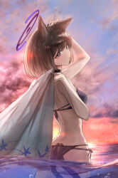 1girl animal_ear_fluff animal_ears b4mbo0 bare_back black_choker black_eyes black_hair blue_archive blush breasts cat_ears cat_girl cat_tail choker cleavage flower from_behind highres kikyou_(blue_archive) kikyou_(swimsuit)_(blue_archive) liiigang looking_at_viewer multiple_tails official_alternate_costume parted_bangs pink_flower short_hair smile solo tail two_tails