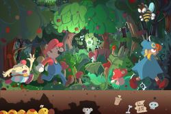 1boy bee bone bowyer brown_hair bug bush cloak doll_joints english_text facial_hair flower food forest fruit geno_(mario) glaring gloves glowing grass hat insect joints leaf mallow_(mario) mario mario_(series) mouse_(animal) mushroom mustache nathalie_fourdraine nature nintendo open_mouth outdoors outstretched_arm overalls red_eyes skull star_(symbol) super_mario_rpg super_mushroom tree walking waving wiggler