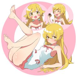 1girl absurdres ass barefoot blonde_hair blush_stickers closed_eyes closed_mouth collarbone commentary donut dress dress_ribbon fang fangs food full_body hair_between_eyes highres holding holding_donut holding_food leg_up loli long_hair looking_at_viewer lying monogatari_(series) multiple_views no_panties open_mouth oshino_shinobu pink_background red_ribbon ribbon simple_background skin_fang smile spaghetti_strap strap_slip sundress upper_body white_background white_dress yellow_eyes yoshikirino