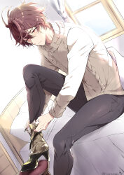 Rule 34 | 1boy, absurdres, ahoge, artist name, black leggings, boots, brown hair, commentary request, cropped legs, dressing, expressionless, fur-trimmed boots, fur trim, granblue fantasy, hair between eyes, high heel boots, high heels, highres, kana (251373), leggings, male focus, messy hair, on bed, putting on footwear, red eyes, ribbed sweater, sandalphon (granblue fantasy), sandalphon (valentine) (granblue fantasy), short hair, signature, stool, sweater, turtleneck, turtleneck sweater, twitter username, white sweater, window