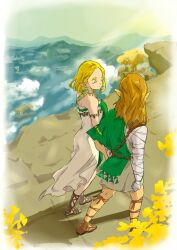 1boy 1girl armlet bandaged_arm bandages bare_shoulders blonde_hair blue_ribbon closed_eyes couple dress earrings flower from_above gladiator_sandals hair_ribbon hetero highres jewelry link long_dress medium_hair necklace nintendo parted_bangs pointy_ears princess_zelda ribbon sandals sidelocks sketch smile strapless strapless_dress the_legend_of_zelda the_legend_of_zelda:_tears_of_the_kingdom vko_2835 walking white_dress yellow_flower