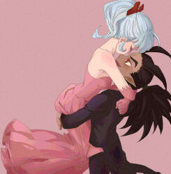 Rule 34 | 1243420404, 1boy, 1girl, alternate hair color, arms around neck, bare shoulders, black hair, black jacket, black pants, blue hair, bow, carrying, carrying person, closed eyes, commentary, couple, dark-skinned male, dark skin, dragon quest, dragon quest builders 2, dress, elbow gloves, fang, female builder (dqb2), film grain, formal clothes, from behind, gloves, hair bow, hair horns, heavy film grain, hetero, highres, jacket, jewelry, looking at another, looking up, low ponytail, necklace, official alternate hairstyle, open mouth, pants, pink background, pink dress, pink gloves, pink shirt, pointy ears, ponytail, profile, red bow, red eyes, shirt, sidoh (dqb2), spiked hair, strapless, strapless dress