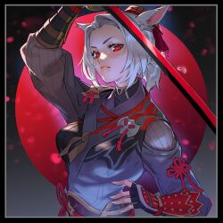 1girl animal_ears black_gloves border breasts character_request closed_mouth commentary final_fantasy final_fantasy_xiv fingerless_gloves gloves grey_border highres holding holding_sword holding_weapon japanese_clothes kimono long_sleeves looking_at_viewer medium_breasts moon purple_kimono red_eyes red_moon rukomata_99 short_hair solo sword upper_body weapon white_hair
