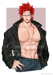Rule 34 | 1boy, abs, bara, black jacket, collarbone, commission, cropped legs, eustass kid, fingernails, highres, jacket, jewelry, large pectorals, leather, leather jacket, looking to the side, male focus, navel, one piece, parted lips, pectorals, red hair, red nails, ring, scar, scar on face, solo, toned, toned male, vamos mk, watermark