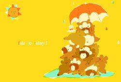 Rule 34 | bidoof, commentary request, english text, gen 4 pokemon, holding, holding umbrella, manami (uovoegg), nintendo, no humans, pile, pokemon, pokemon (creature), puddle, simple background, sun, teruterubouzu, umbrella, water drop, yellow background, yellow theme