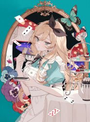 1girl alice_(alice_in_wonderland) alice&#039;s_adventures_in_wonderland apron aqua_dress aqua_eyes blonde_hair blue_dress blue_eyes blush bow bug butterfly card closed_mouth commentary_request cup dress drink_me_potion eat_me flower frills hair_between_eyes hair_bow hair_ribbon highres holding holding_cup holding_plate insect long_hair looking_at_viewer mushroom plate puffy_short_sleeves puffy_sleeves ribbon round_table satsuki_(miicat) short_sleeves solo table teacup teapot thighhighs very_long_hair white_apron