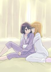 Rule 34 | 2girls, backlighting, barefoot, bed sheet, blonde hair, bob cut, breasts, brown hair, collarbone, commentary request, curtains, dot nose, eye contact, highres, hug from side, indoors, long hair, looking at another, medium breasts, multiple girls, ooshima tomo, open mouth, original, pajamas, purple eyes, purple hair, purple pajamas, short hair, single sidelock, sitting, wariza, white pajamas, yellow eyes, yuri