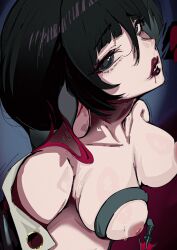 1girl absurdres animal_ears black_hair black_jacket breasts collarbone commentary english_commentary green_eyes highres inverted_nipples jacket jane_doe_(zenless_zone_zero) kaiser_(kaiserofart) large_breasts lipstick long_hair makeup mouse_ears mouse_girl mouse_tail multicolored_hair nipples red_hair solo tail tail_wrap two-tone_hair upper_body zenless_zone_zero