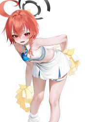 1girl absurdres ahoge alternate_costume bare_arms bare_shoulders bent_over blue_archive blush braid breasts cheerleader cleavage hair_between_eyes hand_on_own_hip highres huge_ahoge long_hair loose_socks millennium_cheerleader_outfit_(blue_archive) neru_(blue_archive) not_forever2w pom_pom_(cheerleading) red_eyes red_hair sidelocks single_braid skirt socks solo sports_bra thigh_strap white_skirt white_socks white_sports_bra