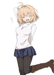 1girl absurdres ahoge arcueid_brunestud arm_behind_back arms_behind_head black_pantyhose blonde_hair blush boots breasts brown_boots closed_eyes highres jewelry kaigan0211 miniskirt pantyhose pendant skirt sweatdrop sweater tsukihime tsukihime_(remake) white_background white_sweater