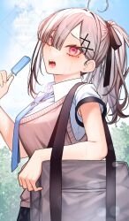 1girl absurdres ahoge blush breasts cleavage gomo grey_hair hair_ornament hair_over_one_eye highres large_breasts long_hair looking_at_viewer mole mole_under_eye necktie nijisanji open_mouth pink_eyes school_uniform short_sleeves solo sukoya_kana sweat sweater_vest virtual_youtuber x x_hair_ornament