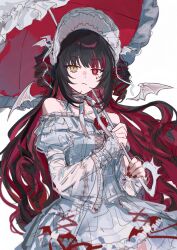 Rule 34 | 1girl, bat wings, black hair, bonnet, brown eyes, colored inner hair, commentary, dress, drill hair, frilled dress, frills, head wings, heterochromia, highres, holding, holding umbrella, idolmaster, idolmaster shiny colors, idolmaster shiny colors song for prism, ikaruga luca, light frown, long hair, multicolored hair, nail polish, neck ribbon, off-shoulder dress, off shoulder, official alternate costume, parasol, raychelsoo, red eyes, red hair, red nails, ribbon, solo, streaked hair, symbol-only commentary, twin drills, two-tone hair, two side up, umbrella, very long hair, wavy hair, white dress, white ribbon, wings