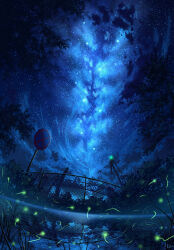 absurdres artist_name bridge chain-link_fence chinese_commentary cloud commentary_request fence highres hkcutie machinery milky_way night night_sky no_humans original reflection reflective_water ripples scenery sign signature sky sky_focus star_(sky) starry_sky tree