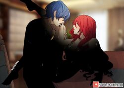 artist_name blue_hair blush censored hair_between_eyes highres implied_sex kinkymation kirijou_mitsuru long_hair looking_at_another on_table persona persona_3 persona_3_reload red_hair sex signature table yuuki_makoto_(persona_3)