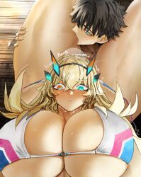1boy 1girl absurdres bare_shoulders barghest_(fate) barghest_(swimsuit_archer)_(fate) barghest_(swimsuit_archer)_(final_ascension)_(fate) bikini black_hair blonde_hair blue_eyes blush breasts cleavage fate/grand_order fate_(series) female_pov fujimaru_ritsuka_(male) gigantic_breasts green_eyes highres horns long_hair multicolored_bikini multiple_views obazzotto pov short_hair swimsuit thick_thighs thighs white_bikini