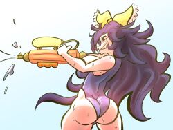 1girl ass black_hair breasts bulb108 grin hair_ribbon highres holding holding_water_gun large_breasts long_hair one-piece_swimsuit red_eyes reiuji_utsuho ribbon smile solo swimsuit touhou very_long_hair water_gun