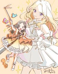 2girls ankle_scrunchie bare_shoulders bird blonde_hair blush bow bowtie bracelet brown_bow brown_bowtie brown_eyes brown_hair brown_scrunchie bug butterfly closed_mouth cowboy_shot detached_sleeves dress dress_bow emphasis_lines floating_hair full_body gakuen_idolmaster hair_ornament hand_on_own_hip holding_baton idolmaster insect jewelry juo_sena kuramoto_china layered_dress long_hair long_sleeves looking_at_viewer mokeo multicolored_hair multiple_girls open_mouth orange_dress parted_bangs pink_hair purple_eyes scrunchie shoes short_sleeves signature sleeveless sleeveless_dress smile sparkle squirrel standing standing_on_one_leg streaked_hair tiny_ambition_(idolmaster) twitter_username two-tone_dress v-shaped_eyebrows very_long_hair white_dress wide_sleeves wonder_scale_(idolmaster) yellow_background yellow_dress