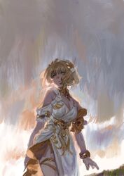 1girl aglaea_(honkai:_star_rail) ancient_greek_clothes blonde_hair bracelet breasts cleavage dress flower gold_bracelet gradient_sky greco-roman_clothes green_eyes hair_flower hair_ornament highres honkai:_star_rail honkai_(series) jewelry large_breasts laurel_crown outdoors parted_lips short_hair sky solo suzuri_2449 white_dress