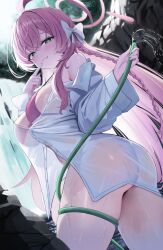 absurdres bikini bikini_under_clothes blue_archive halo hanako_(blue_archive) hanako_(swimsuit)_(blue_archive) highres holding holding_hose hose hwa_sawa official_alternate_costume oversized_clothes oversized_shirt pink_bikini pink_hair pink_halo see-through_clothes see-through_shirt shirt swimsuit wet wet_clothes wet_shirt