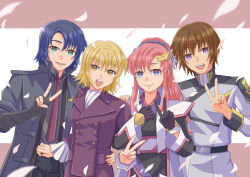 Rule 34 | 2boys, 2girls, absurdres, athrun zala, black gloves, black kimono, blonde hair, blue eyes, blue hair, brother and sister, brown hair, cagalli yula athha, compass uniform, formal clothes, gloves, green eyes, grey jacket, gundam, gundam seed, gundam seed freedom, hair ornament, hand on another&#039;s hip, hand on another&#039;s shoulder, highres, jacket, japanese clothes, kimono, kira yamato, lacus clyne, locked arms, looking at viewer, military uniform, multiple boys, multiple girls, necktie, pant suit, pants, pink hair, purple eyes, recording, red necktie, siblings, smile, suit, twins, user kunf8626, v, yellow eyes