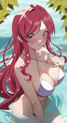 1girl absurdres akihiro0920 bikini blush breasts cleavage day eyeshadow flower green_eyes hair_flower hair_ornament halterneck hanazono_hahari hand_on_own_chest happy_birthday highres kimi_no_koto_ga_dai_dai_dai_dai_daisuki_na_100-nin_no_kanojo large_breasts leaf light_smile long_hair looking_at_viewer makeup mole mole_under_eye multi-strapped_bikini_top parted_bangs parted_lips partially_submerged pink_hair red_eyeshadow see-through_cleavage see-through_clothes single_hair_intake solo swimsuit very_long_hair water white_bikini