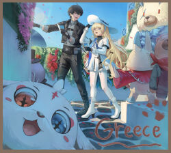 1boy 1girl abby_(wuthering_waves) absurdres bandaged_hand bandages bear black_boots black_bow black_gloves black_hair black_jacket black_pants blonde_hair boots bow commentary dress english_commentary flower gloves grey_shirt hat highres holding holding_paper jacket long_hair male_rover_(wuthering_waves) multicolored_eyes open_clothes open_jacket open_mouth pants pantyhose paper phoebe_(wuthering_waves) pink_flower pouch purple_eyes rabbit red_flower red_scarf rover_(wuthering_waves) scarf shirt skirt sleeves_rolled_up stitches stone_walkway sun_hat tacet_discord_(wuthering_waves) tacet_mark_(wuthering_waves) thigh_pouch top_hat twckb two-tone_eyes white_boots white_dress white_hat white_pantyhose white_skirt wuthering_waves yellow_eyes